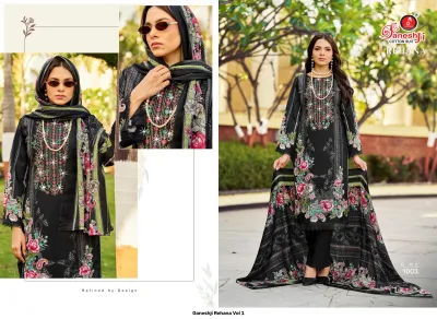 Ganeshji Rehana Vol 1, black salwar suit with floral print, thread embroidery, and diamond embellishments on the neckline.