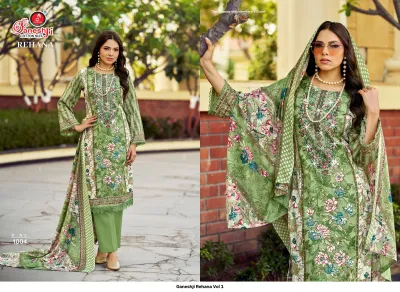 Ganeshji Rehana Vol 1, light green salwar suit, floral and polka dot printed fabric with thread and diamond embellishment.