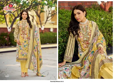Ganeshji Rehana Vol 1, yellow salwar suit featuring floral and striped patterns with thread and diamond embellishment work.