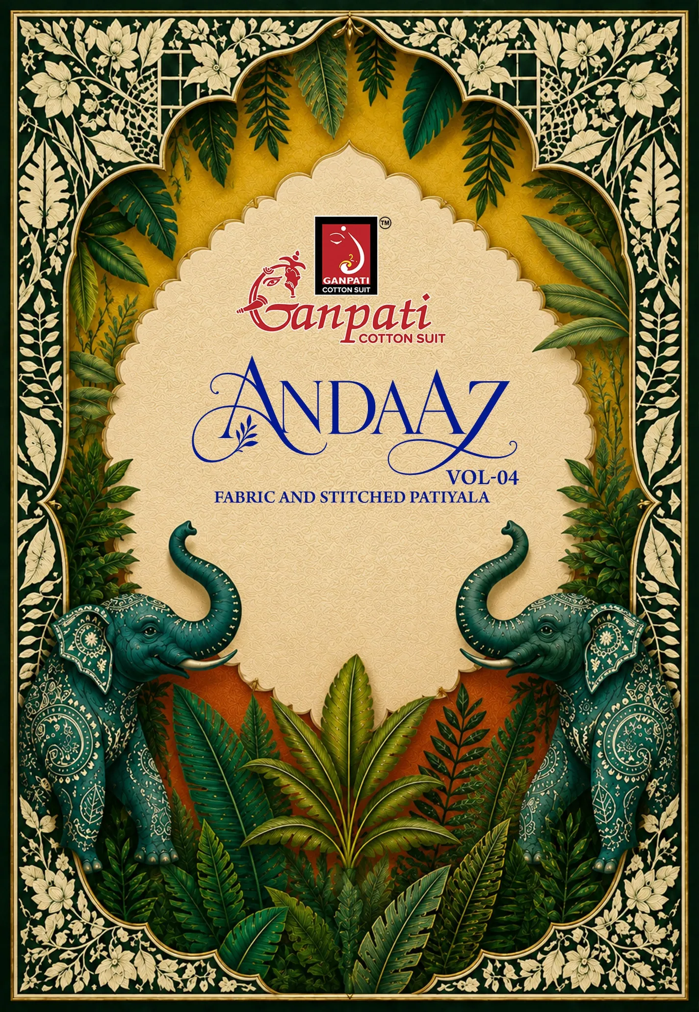 Ganpati Andaaz Vol 4, catalog cover featuring ornamental border, green elephants, and floral botanical illustrations on a yellow background.