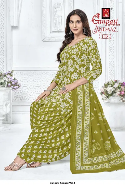 Ganpati Andaaz Vol 4, olive green salwar suit with white floral print, featuring a matching printed dupatta.