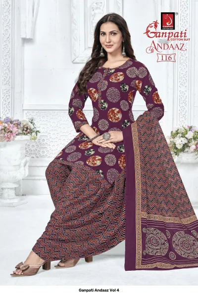 Ganpati Andaaz Vol 4, purple salwar suit with circular patterns and chevron print bottom, featuring a matching printed dupatta.