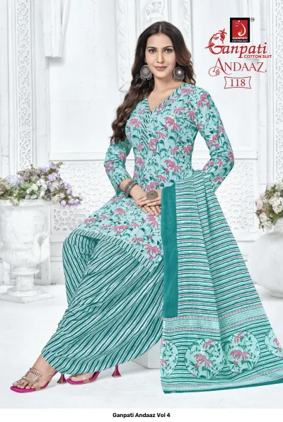 Ganpati Andaaz Vol 4, light green salwar suit with pink floral print and striped bottoms, matching dupatta.
