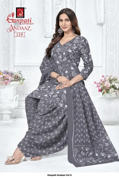 Ganpati Andaaz Vol 4, grey salwar suit with white floral print, featuring a matching printed dupatta.