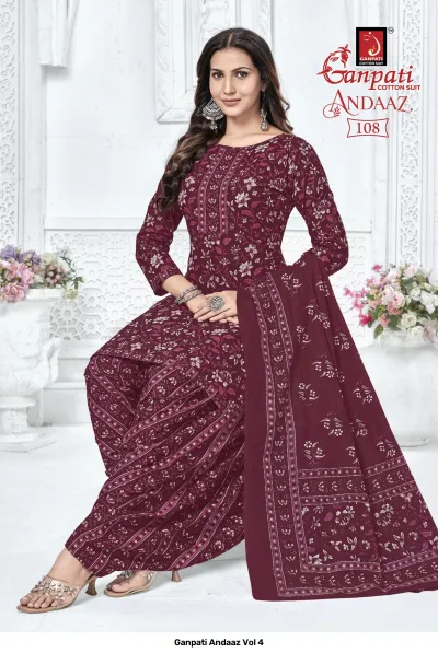 Ganpati Andaaz Vol 4, maroon salwar suit with white floral print, featuring a matching printed dupatta.