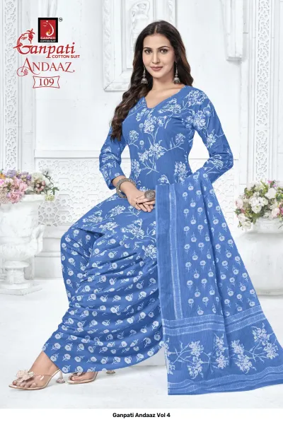 Ganpati Andaaz Vol 4, blue salwar suit with white floral print, featuring a matching printed dupatta.