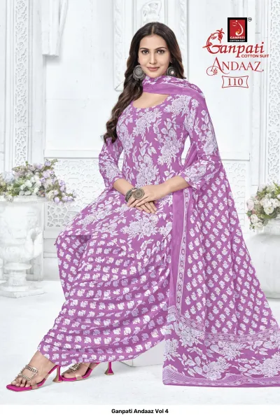 Ganpati Andaaz Vol 4, purple salwar suit with white floral print, featuring a matching printed dupatta.