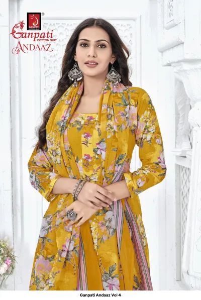 Ganpati Andaaz Vol 4, yellow salwar suit with pink and green floral print, featuring a matching printed dupatta.
