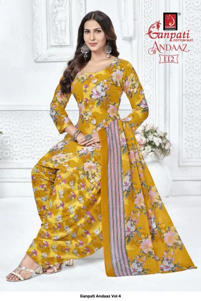 Ganpati Andaaz Vol 4, yellow salwar suit with white and pink floral print, featuring a matching printed dupatta.