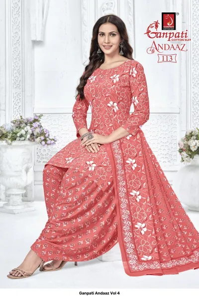 Ganpati Andaaz Vol 4, coral salwar suit with white floral print, featuring a matching printed dupatta.