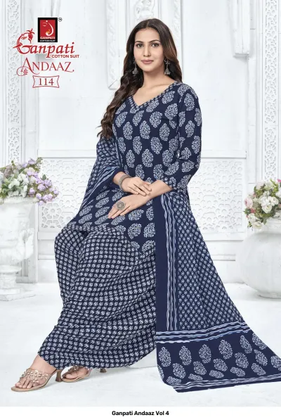 Ganpati Andaaz Vol 4, navy blue salwar suit with white block print pattern, featuring a matching printed dupatta.