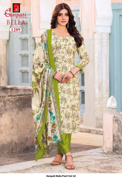 Ganpati Bella Pant Vol 12 beige floral printed cotton salwar suit with green pants and floral dupatta.