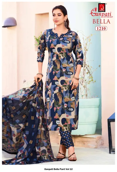 Ganpati Bella Pant Vol 12 blue abstract floral printed cotton salwar suit with matching dupatta and patterned pants.