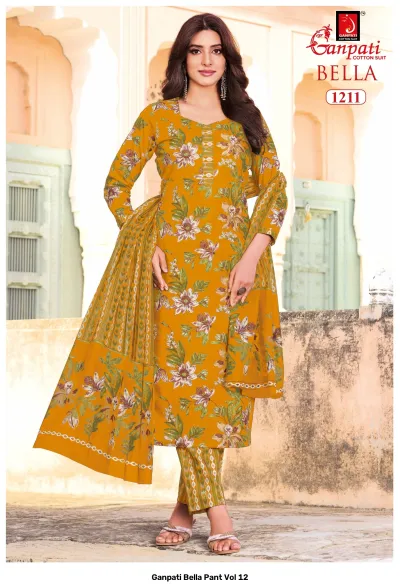 Ganpati Bella Pant Vol 12 mustard yellow floral printed cotton salwar suit with patterned pants and matching dupatta.