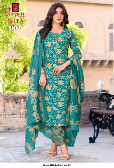 Ganpati Bella Pant Vol 12 teal floral printed cotton salwar suit with patterned pants and matching dupatta.