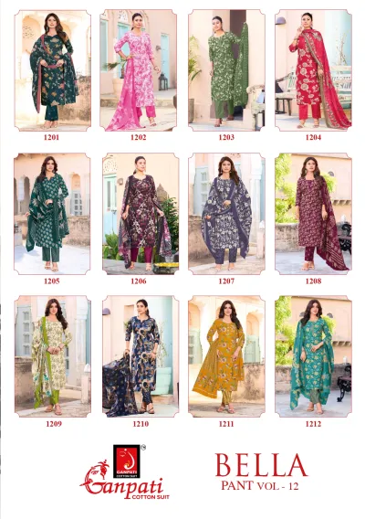Ganpati Bella Pant Vol 12 catalog collage showing all twelve floral printed salwar suit designs in the collection.