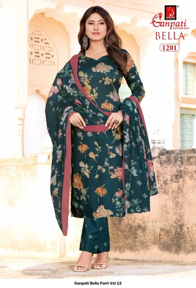 Ganpati Bella Pant Vol 12 dark teal printed salwar suit with floral pattern and matching dupatta.
