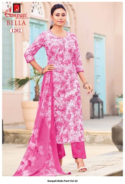 Ganpati Bella Pant Vol 12 pink floral printed cotton salwar suit with matching dupatta and pants.