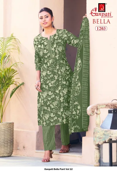 Ganpati Bella Pant Vol 12 green floral printed cotton salwar suit with striped pants and dupatta.