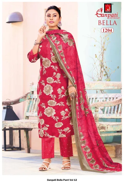 Ganpati Bella Pant Vol 12 red floral printed cotton salwar suit with matching dupatta and pants.