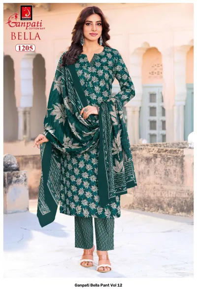 Ganpati Bella Pant Vol 12 dark green floral printed cotton salwar suit with patterned pants and dupatta.