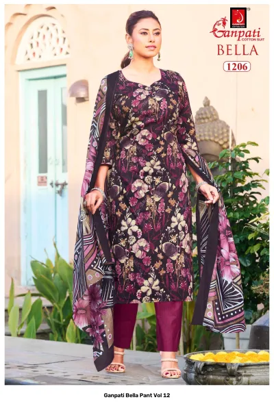 Ganpati Bella Pant Vol 12 dark maroon floral printed cotton salwar suit with matching dupatta and plain pants.