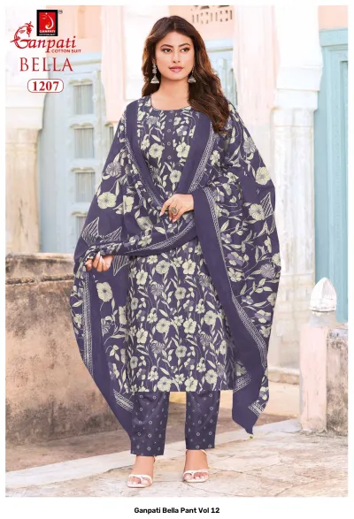 Ganpati Bella Pant Vol 12 dark blue floral printed cotton salwar suit with matching pants and dupatta.
