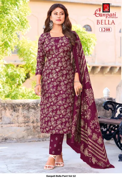 Ganpati Bella Pant Vol 12 maroon floral printed cotton salwar suit with matching dupatta and pants.