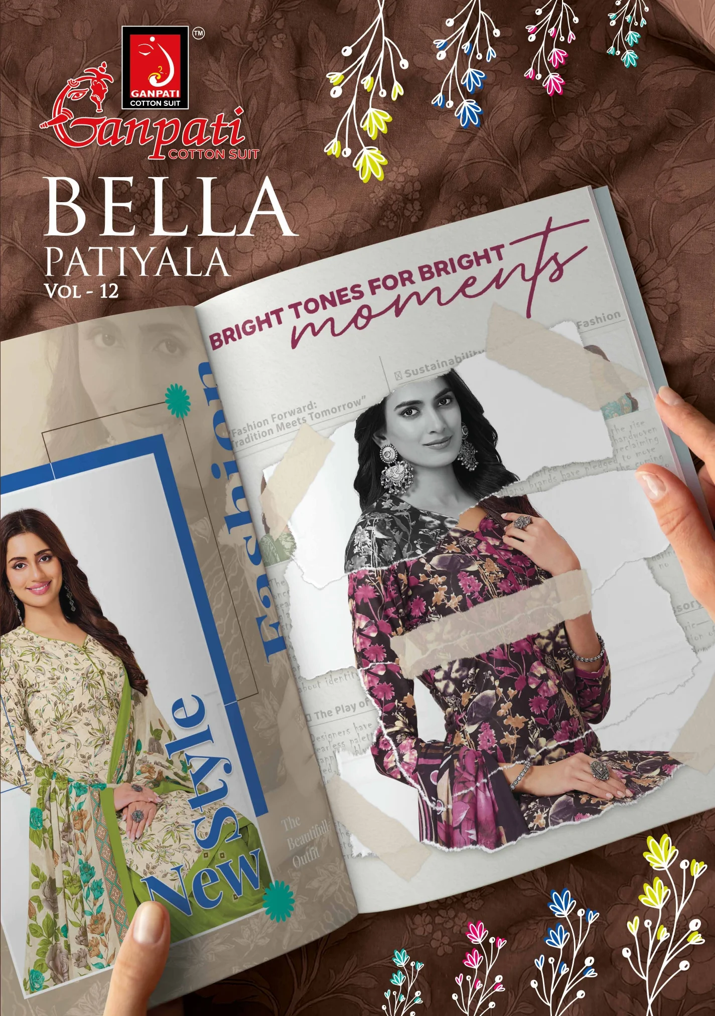 Ganpati Bella Patiyala Vol 12 catalog cover featuring models wearing printed salwar suits in various colors and styles.