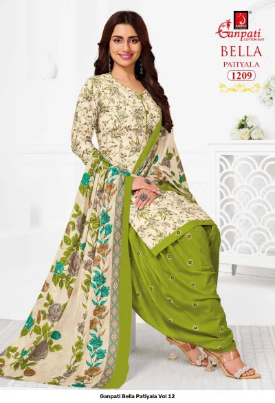 Ganpati Bella Patiyala Vol 12, cream and lime green printed cotton salwar suit with floral kurti and solid patiala pants.