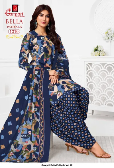 Ganpati Bella Patiyala Vol 12, dark blue printed cotton salwar suit with floral kurti and geometric pattern patiala pants.