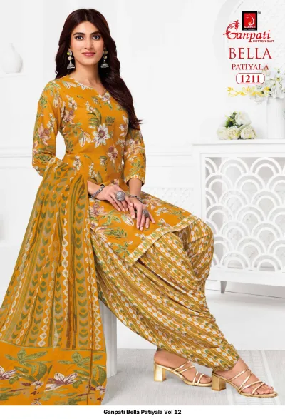 Ganpati Bella Patiyala Vol 12, yellow and olive printed cotton salwar suit with floral kurti and geometric pattern patiala pants.