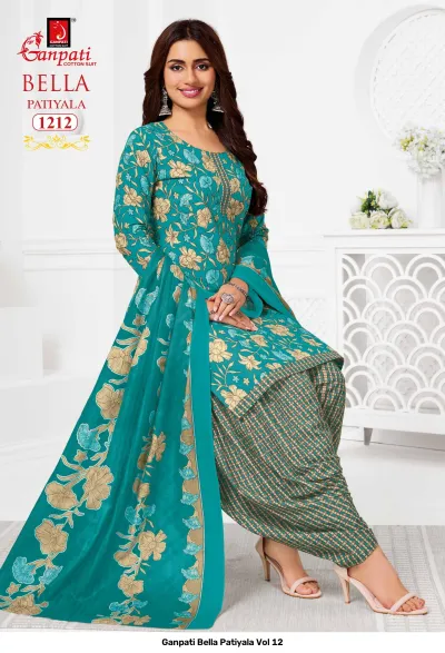 Ganpati Bella Patiyala Vol 12, teal and brown printed cotton salwar suit with floral kurti and geometric pattern patiala pants.