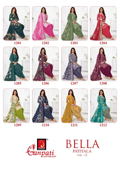Ganpati Bella Patiyala Vol 12 catalog collage featuring models wearing all twelve printed salwar suit designs.