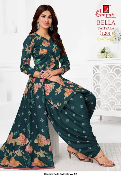 Ganpati Bella Patiyala Vol 12, dark green printed cotton salwar suit with floral kurti and matching patiala pants.
