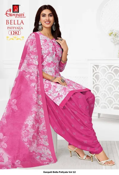 Ganpati Bella Patiyala Vol 12, pink and white printed cotton salwar suit with floral kurti and solid pink patiala pants.