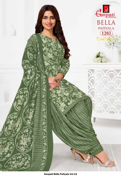 Ganpati Bella Patiyala Vol 12, olive green printed cotton salwar suit with floral kurti and striped patiala pants.