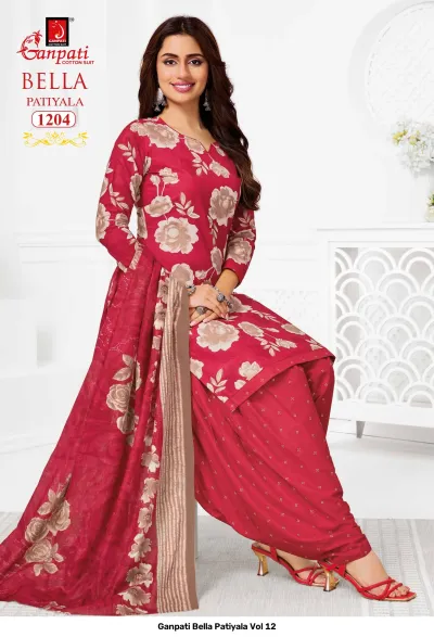 Ganpati Bella Patiyala Vol 12, red printed cotton salwar suit with floral kurti and small geometric pattern patiala pants.