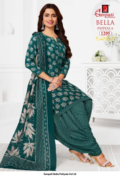 Ganpati Bella Patiyala Vol 12, dark teal printed cotton salwar suit with floral kurti and pinstriped patiala pants.