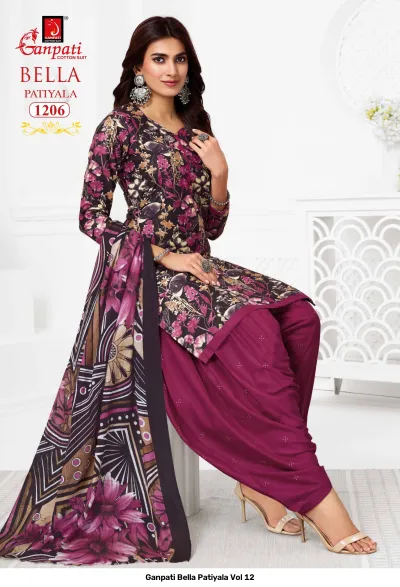 Ganpati Bella Patiyala Vol 12, dark purple printed cotton salwar suit with floral kurti and solid purple patiala pants.