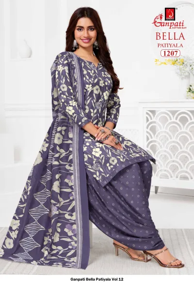 Ganpati Bella Patiyala Vol 12, grey-blue printed cotton salwar suit with floral kurti and geometric pattern patiala pants.