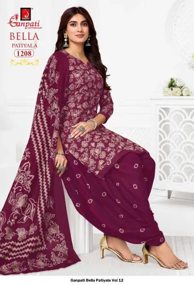 Ganpati Bella Patiyala Vol 12, deep plum printed cotton salwar suit with floral kurti and patterned patiala pants.