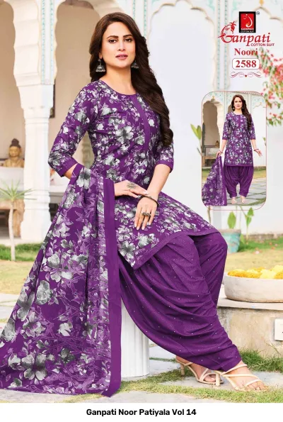 Ganpati Noor Patiyala Vol 14: Model wearing a purple cotton salwar suit with floral prints and a matching dupatta.