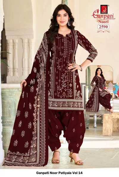 Ganpati Noor Patiyala Vol 14: Model wearing a maroon cotton salwar suit with white floral embroidery work and a matching dupatta.