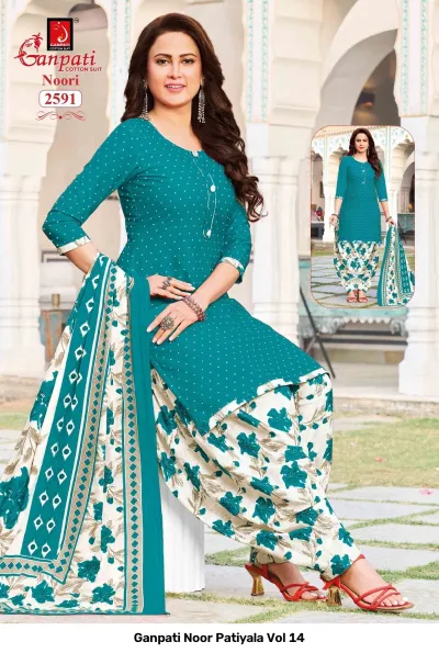 Ganpati Noor Patiyala Vol 14: Model wearing a teal cotton kurti with a white and green floral salwar and dupatta.