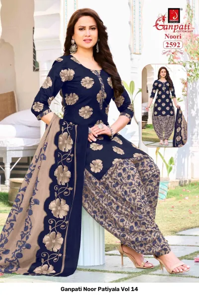 Ganpati Noor Patiyala Vol 14: Model wearing a dark blue cotton salwar suit with large beige floral patterns.