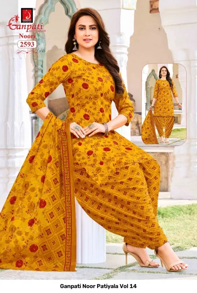 Ganpati Noor Patiyala Vol 14: Model wearing a yellow cotton salwar suit with red floral prints and a coordinating dupatta.