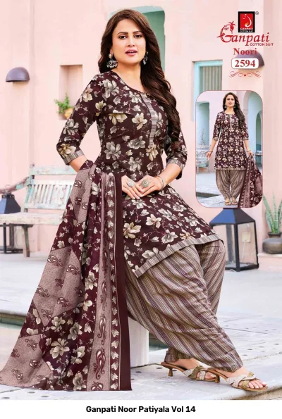 Ganpati Noor Patiyala Vol 14: Model wearing a dark brown cotton salwar suit with beige floral patterns and striped salwar.