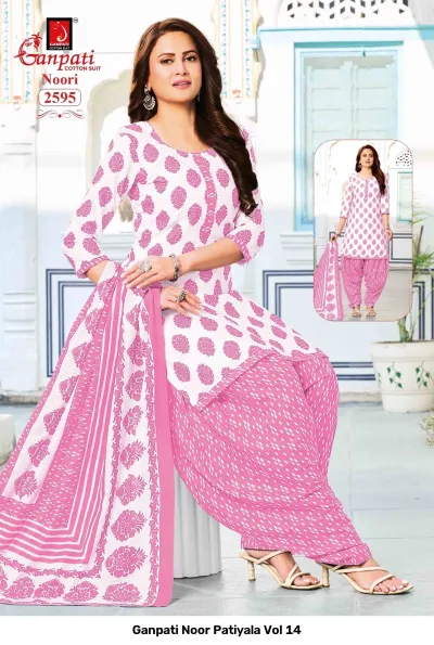 Ganpati Noor Patiyala Vol 14: Model wearing a white cotton kurti with pink floral prints and a matching pink salwar.