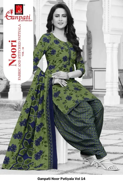 Ganpati Noor Patiyala Vol 14: Model wearing a green kurti and salwar with navy blue floral print and matching dupatta.